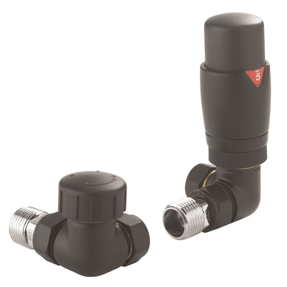Cutout image of Crosswater Matt Black Corner Thermostatic Radiator Valves